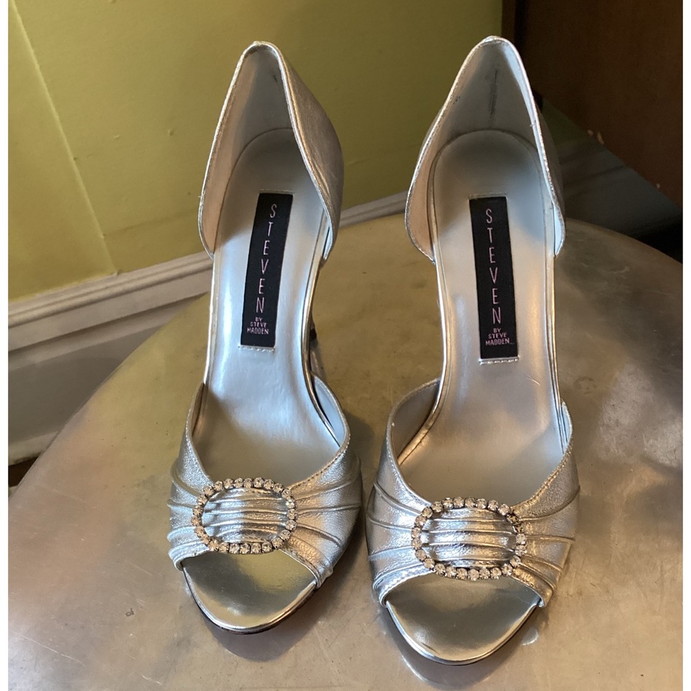 Steven By Steve Madden Silver Open-Toe Heels with Rhinestone Buckle